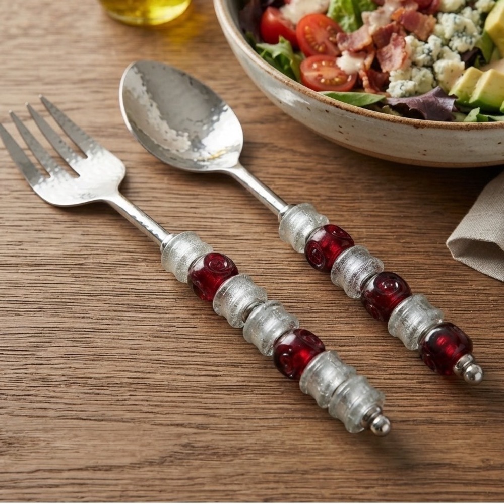 Pampered Chef Retired Beaded Serving Set Hammered Stainless Steel Red Glass 2pc